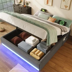 Lit Coffre 140x200 cm, Lit Double Ado avec LED et Ports USB Type-C, Structure MDF et Revêtement Lin, Sans Matelas - Beige