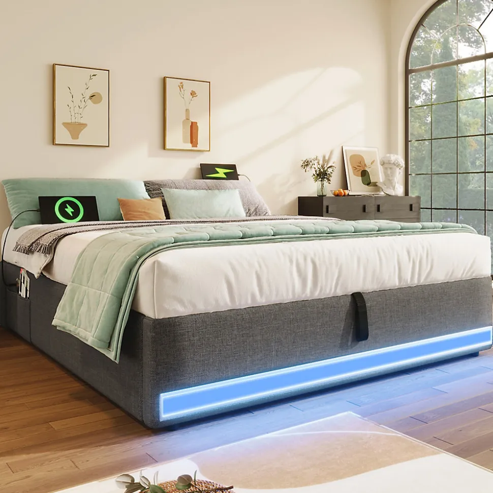 Lit Coffre 140x200 cm, Lit Double Ado avec LED et Ports USB Type-C, Structure MDF et Revêtement Lin, Sans Matelas - Beige