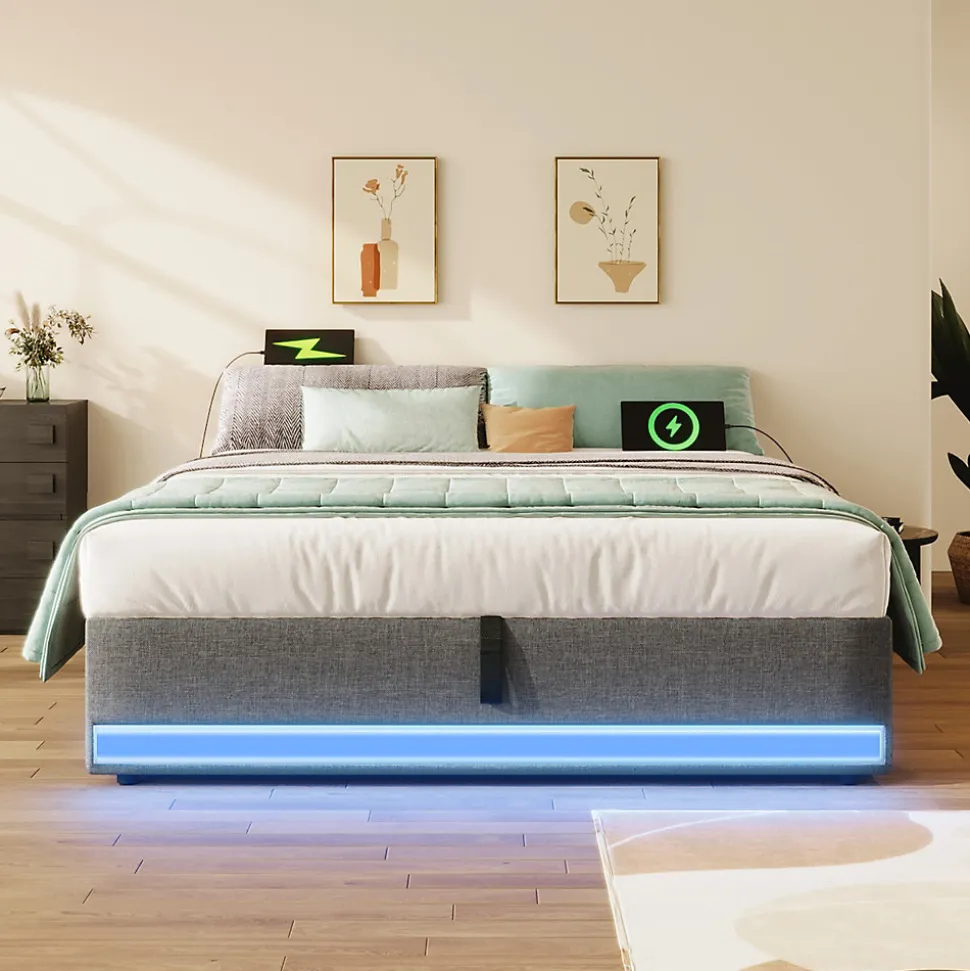 Lit Coffre 140x200 cm, Lit Double Ado avec LED et Ports USB Type-C, Structure MDF et Revêtement Lin, Sans Matelas - Beige