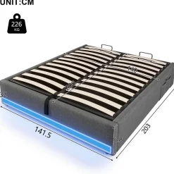 Lit Coffre 140x200 cm, Lit Double Ado avec LED et Ports USB Type-C, Structure MDF et Revêtement Lin, Sans Matelas - Beige