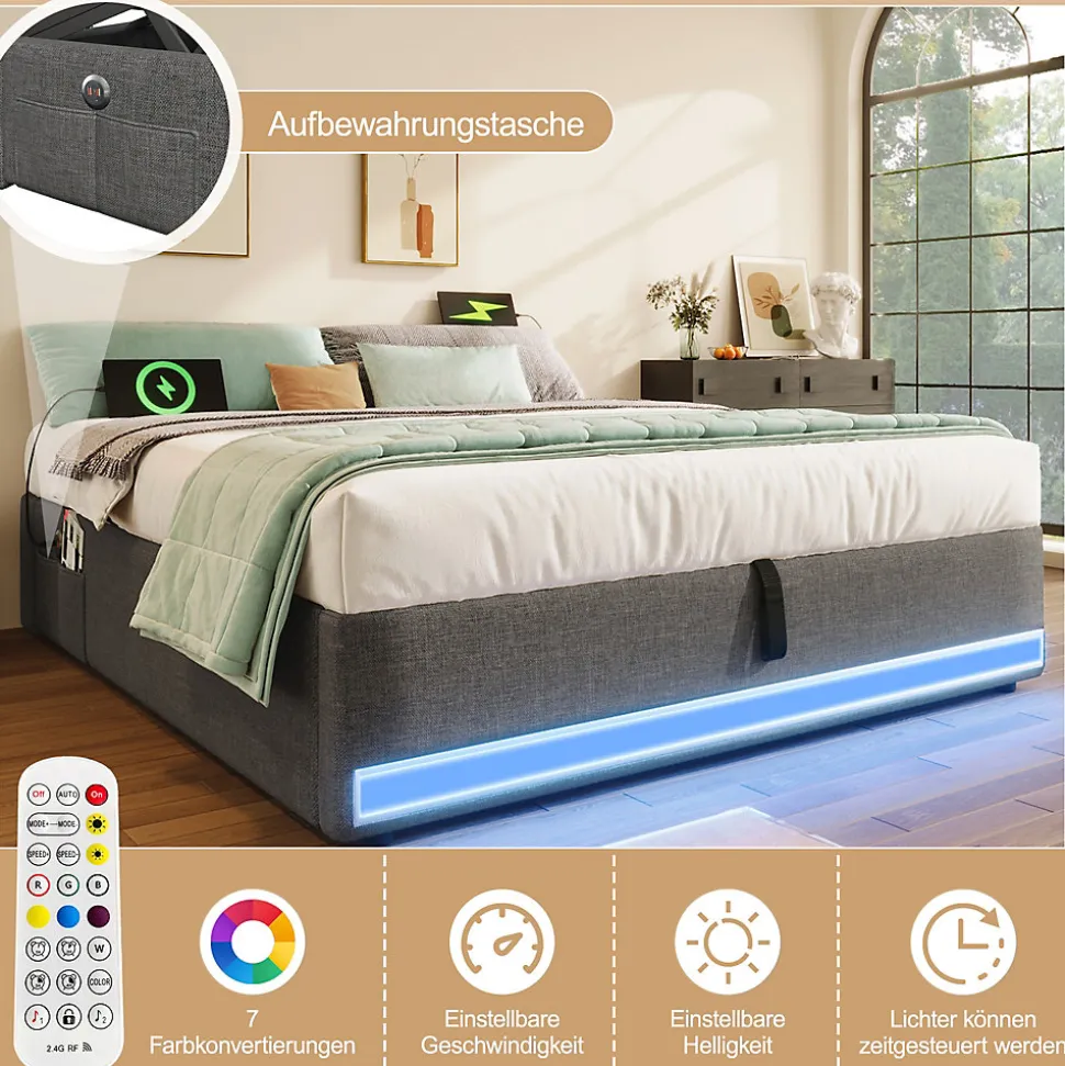 Lit Coffre 140x200 cm, Lit Double Ado avec LED et Ports USB Type-C, Structure MDF et Revêtement Lin, Sans Matelas - Beige