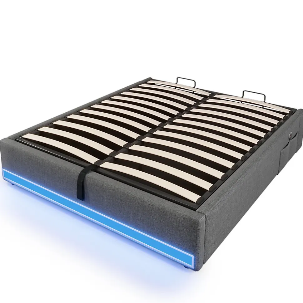 Lit Coffre 140x200 cm, Lit Double Ado avec LED et Ports USB Type-C, Structure MDF et Revêtement Lin, Sans Matelas - Beige