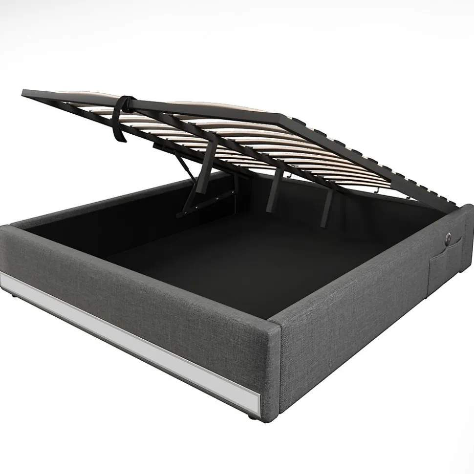 Lit Coffre 140x200 cm, Lit Double Ado avec LED et Ports USB Type-C, Structure MDF et Revêtement Lin, Sans Matelas - Beige