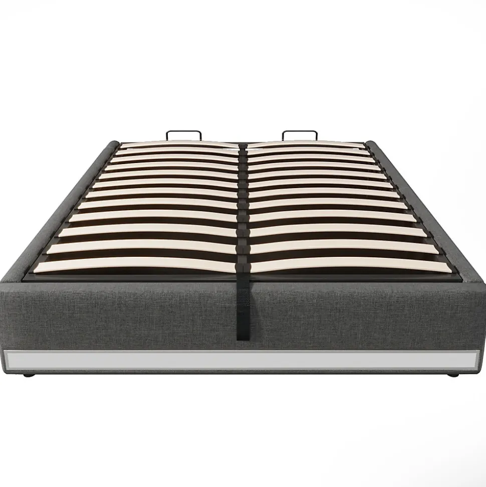 Lit Coffre 140x200 cm, Lit Double Ado avec LED et Ports USB Type-C, Structure MDF et Revêtement Lin, Sans Matelas - Beige