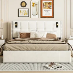 Lit coffre 160x200 cm, Lit double avec rangement et sommier à lattes, tissu en velours, lumière de lecture, Beige