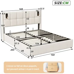 Lit coffre 160x200 cm, Lit double avec rangement et sommier à lattes, tissu en velours, lumière de lecture, Beige