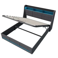 Lit coffre 140x200 cm, Lit rembourré avec rangement hydraulique, LED multicolore, tête de lit avec USB, Gris