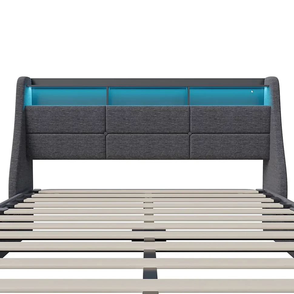 Lit coffre 140x200 cm, Lit rembourré avec rangement hydraulique, LED multicolore, tête de lit avec USB, Gris