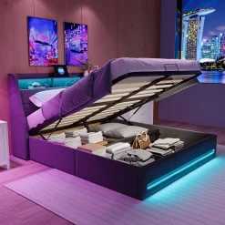 Lit coffre 140x190 cm, Lit rembourré avec rangement hydraulique, LED et USB, tête de lit, Gris