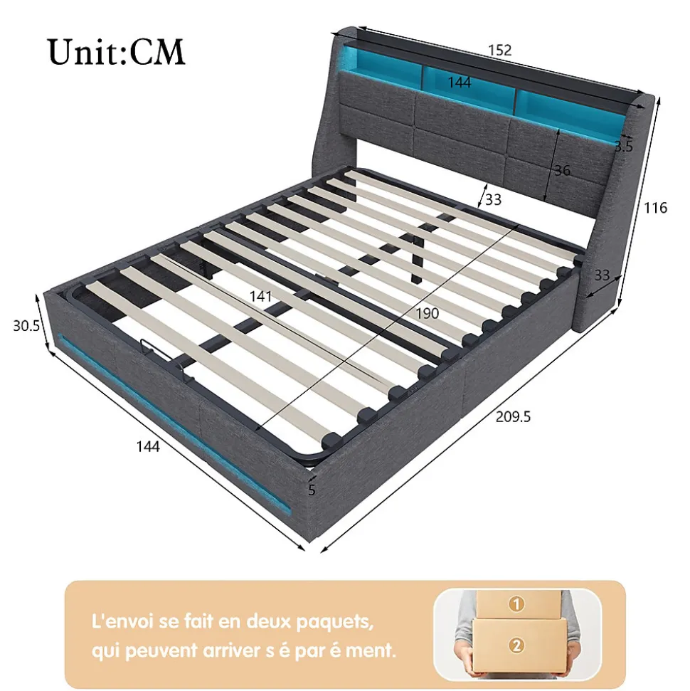 Lit coffre 140x190 cm, Lit rembourré avec rangement hydraulique, LED et USB, tête de lit, Gris