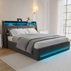 Lit coffre 140x190 cm, Lit rembourré avec rangement hydraulique, LED et USB, tête de lit, Gris