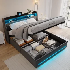 Lit coffre 140x190 cm, Lit rembourré avec rangement hydraulique, LED et USB, tête de lit, Gris