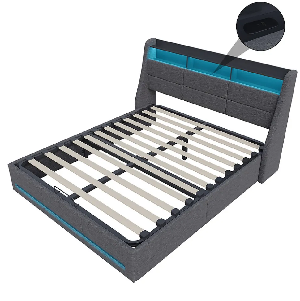 Lit coffre 140x190 cm, Lit rembourré avec rangement hydraulique, LED et USB, tête de lit, Gris