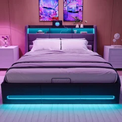 Lit coffre 140x190 cm, Lit rembourré avec rangement hydraulique, LED et USB, tête de lit avec prise, Gris