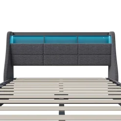 Lit coffre 140x190 cm, Lit rembourré avec rangement hydraulique, LED et USB, tête de lit avec prise, Gris