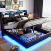 Lit Coffre 160x200 cm PU Noir, LED, Charge USB, Rembourré, Rangement, Sommier à Lattes, Cadre, 2 Personnes