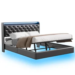 Lit Coffre 160x200 cm PU Noir, LED, Charge USB, Rembourré, Rangement, Sommier à Lattes, Cadre, 2 Personnes