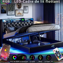 Lit Coffre 160x200 cm PU Noir, LED, Charge USB, Rembourré, Rangement, Sommier à Lattes, Cadre, 2 Personnes