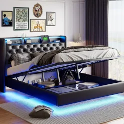 Lit Coffre 160x200 cm PU Noir, LED, Charge USB, Rembourré, Rangement, Sommier à Lattes, Cadre, 2 Personnes