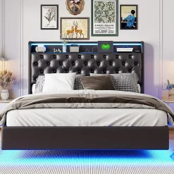 Lit Coffre 160x200 cm PU Noir, LED, Charge USB, Rembourré, Rangement, Sommier à Lattes, Cadre, 2 Personnes