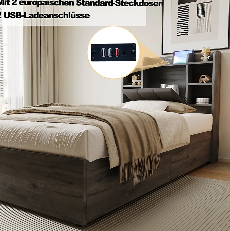 Lit Coffre 90x200 cm Simple avec Ports USB et Type-C Intégrés, Rangement Fonctionnel en Bois - Sans Matelas - Gris