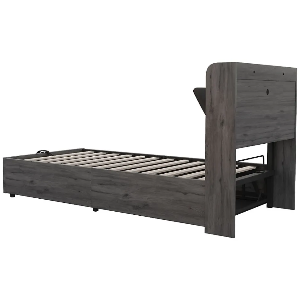 Lit Coffre 90x200 cm Simple avec Ports USB et Type-C Intégrés, Rangement Fonctionnel en Bois - Sans Matelas - Gris