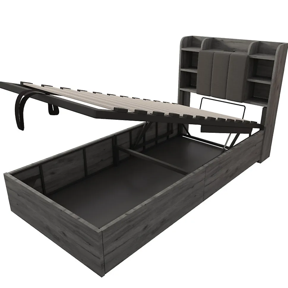 Lit Coffre 90x200 cm Simple avec Ports USB et Type-C Intégrés, Rangement Fonctionnel en Bois - Sans Matelas - Gris