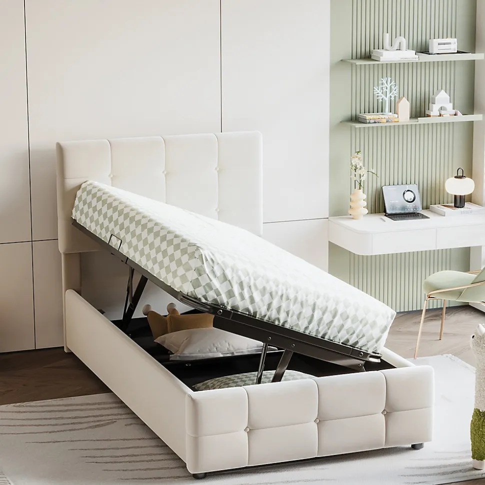 Lit Coffre 90x200 cm Simple Capitonné avec Coffre Hydraulique et Rangement, Lit Velours Beige avec Sommier à Lattes