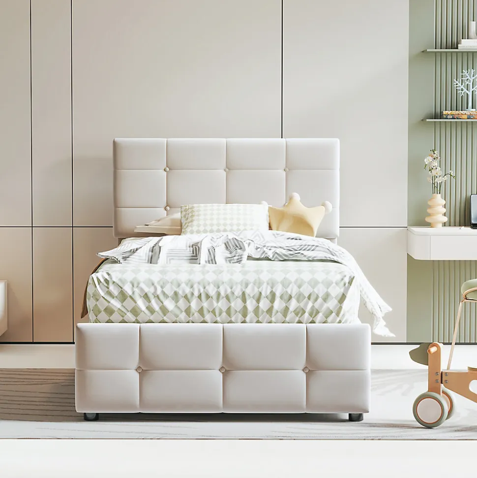 Lit Coffre 90x200 cm Simple Capitonné avec Coffre Hydraulique et Rangement, Lit Velours Beige avec Sommier à Lattes