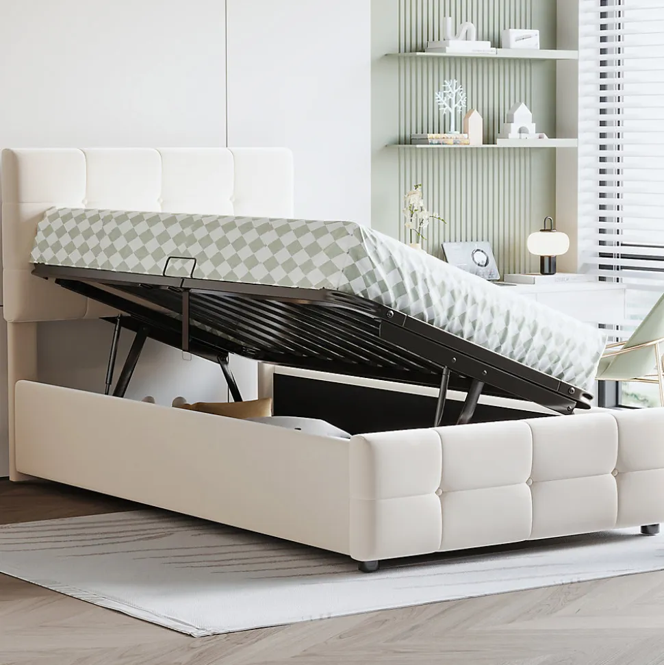Lit Coffre 90x200 cm Simple Capitonné avec Coffre Hydraulique et Rangement, Lit Velours Beige avec Sommier à Lattes