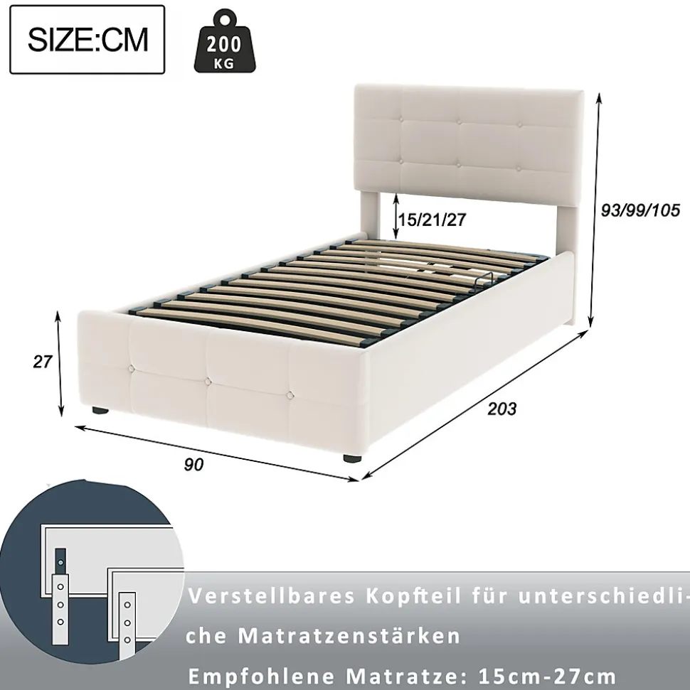 Lit Coffre 90x200 cm Simple Capitonné avec Coffre Hydraulique et Rangement, Lit Velours Beige avec Sommier à Lattes