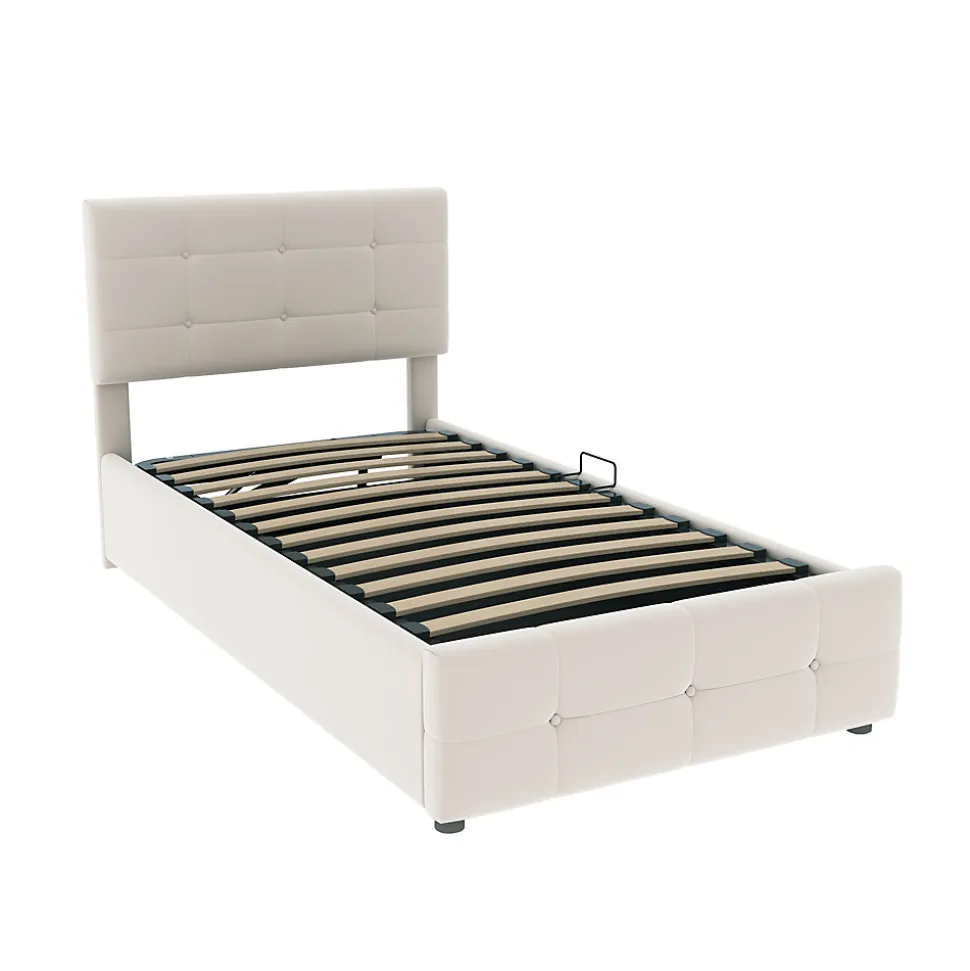 Lit Coffre 90x200 cm Simple Capitonné avec Coffre Hydraulique et Rangement, Lit Velours Beige avec Sommier à Lattes