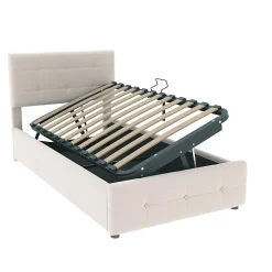 Lit Coffre 90x200 cm Simple Capitonné avec Coffre Hydraulique et Rangement, Lit Velours Beige avec Sommier à Lattes