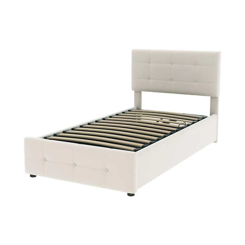 Lit Coffre 90x200 cm Simple Capitonné avec Coffre Hydraulique et Rangement, Lit Velours Beige avec Sommier à Lattes