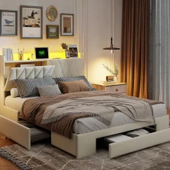 Lit coffre 140x190 cm, sommier, tiroirs, tête de lit rembourrée, LED, USB/Type-C, velours beige (2 personnes).