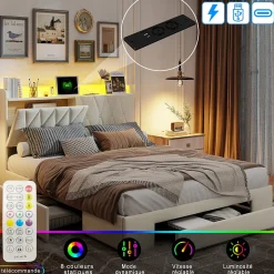 Lit coffre 140x190 cm, sommier, tiroirs, tête de lit rembourrée, LED, USB/Type-C, velours beige (2 personnes).