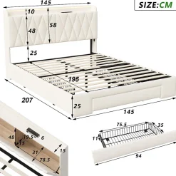 Lit coffre 140x190 cm, sommier, tiroirs, tête de lit rembourrée, LED, USB/Type-C, velours beige (2 personnes).