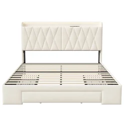 Lit coffre 140x190 cm, sommier, tiroirs, tête de lit rembourrée, LED, USB/Type-C, velours beige (2 personnes).