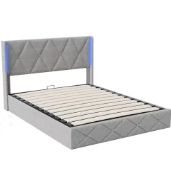 Lit Coffre 160x200 cm, Tête de lit avec LED, lit Double avec sommier à Lattes,Velours,Beige