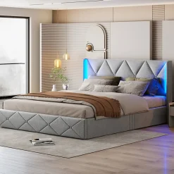 Lit Coffre 160x200 cm, Tête de lit avec LED, lit Double avec sommier à Lattes,Velours,Beige