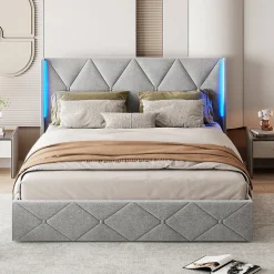 Lit Coffre 160x200 cm, Tête de lit avec LED, lit Double avec sommier à Lattes,Velours,Beige