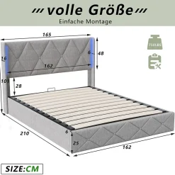 Lit Coffre 160x200 cm, Tête de lit avec LED, lit Double avec sommier à Lattes,Velours,Beige