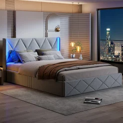 Lit Coffre 160x200 cm, Tête de lit avec LED, lit Double avec sommier à Lattes,Velours,Beige