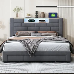 Lit coffre 160x200 cm velours gris, vérins hydrauliques, tête de lit LED 7 couleurs, ports USB/Type-C, tiroirs de rangement.