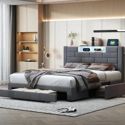 Lit coffre 160x200 cm velours gris, vérins hydrauliques, tête de lit LED 7 couleurs, ports USB/Type-C, tiroirs de rangement.