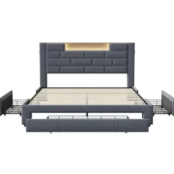 Lit coffre 160x200 cm velours gris, vérins hydrauliques, tête de lit LED 7 couleurs, ports USB/Type-C, tiroirs de rangement.