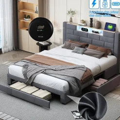 Lit coffre 160x200 cm velours gris, vérins hydrauliques, tête de lit LED 7 couleurs, ports USB/Type-C, tiroirs de rangement.