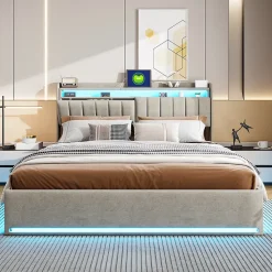 Lit Coffre 160x200 cm Velours Gris, LED, Charge USB, Rembourré, Rangement, Tête de lit, Sommier à Lattes, 2 Personnes