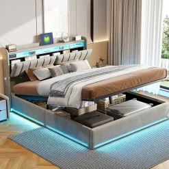 Lit Coffre 160x200 cm Velours Gris, LED, Charge USB, Rembourré, Rangement, Tête de lit, Sommier à Lattes, 2 Personnes
