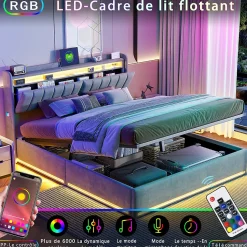Lit Coffre 160x200 cm Velours Gris, LED, Charge USB, Rembourré, Rangement, Tête de lit, Sommier à Lattes, 2 Personnes